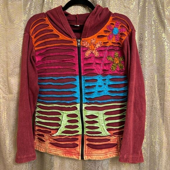Himalayan Nepal Boho Handmade Cottagecore Flower Zip Sweater Medium - Picture 1 of 6